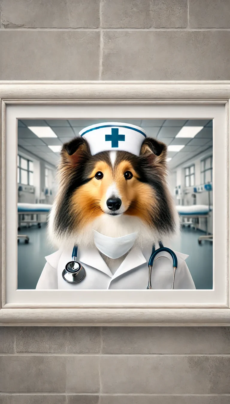 A portrait of a Shetland Sheepdog dressed as a nurse, wearing a traditional white nurse's uniform with a nurse's cap and a stethoscope around its neck