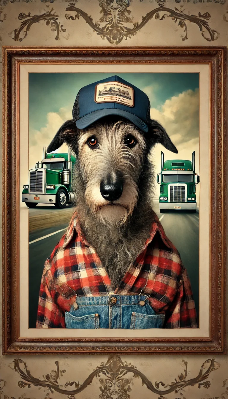 A portrait of an Irish Wolfhound dressed as a truck driver, wearing a plaid shirt, a trucker cap, and jeans