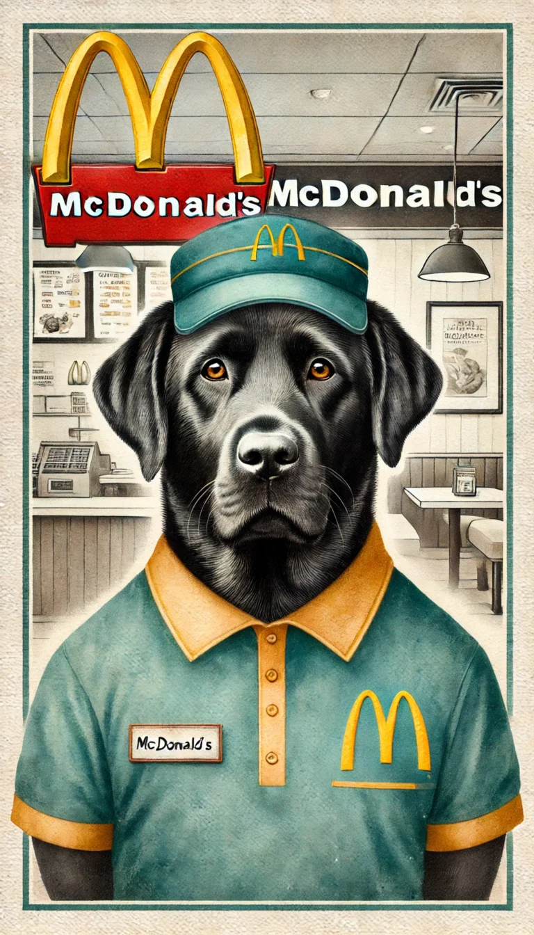 A watercolor vintage portrait of a black Labrador Retriever dressed as a crew member at McDonald's fast food restaurant