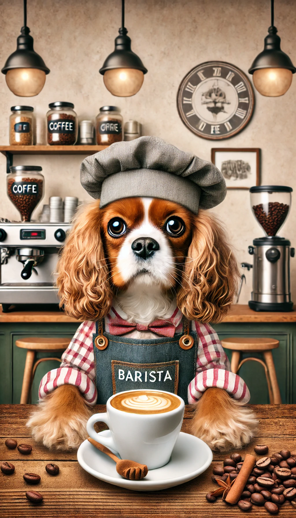 A funny portrait of a Cavalier Cocker Spaniel dressed as a barista. The dog should be wearing a barista apron, a small hat, and holding a coffee cup w