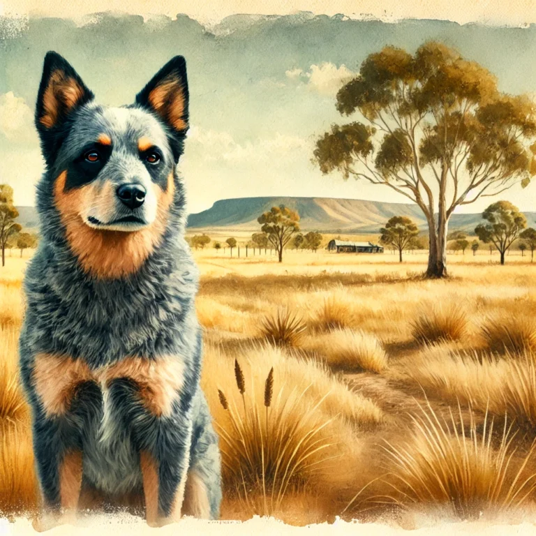 Australian Cattle Dog  A watercolor painting of an Australian Blue Heeler in a rural Australian setting with a vintage style