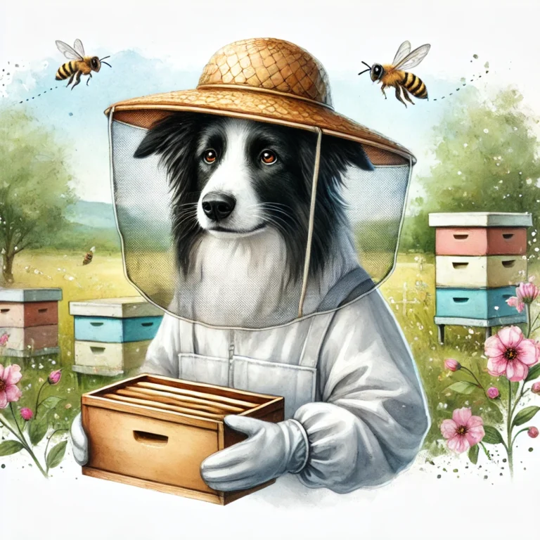 A watercolor portrait of a Border Collie dressed as a beekeeper. The dog is wearing a beekeeper's hat with a net, a protective suit, and gloves