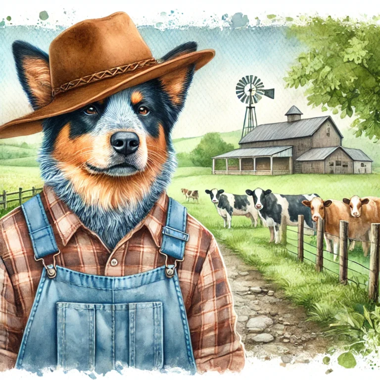 A watercolor vintage portrait of an Australian Cattle dog dressed as a dairy farmer