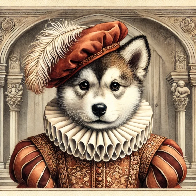 a detailed watercolor portrait of an Alaskan Malamute puppy dressed in Renaissance attire