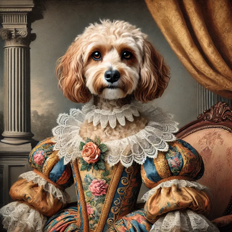 A Renaissance-style vintage portrait of a Cavapoo dog, depicted as a female