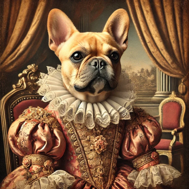 A Renaissance-style vintage portrait of a fawn French Bulldog dog