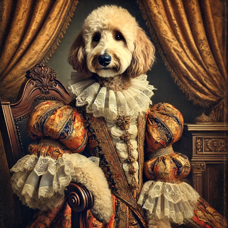 A Renaissance-style vintage portrait of a Goldendoodle dog