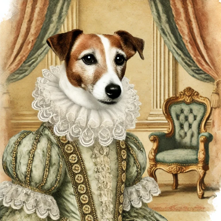 A Renaissance-style vintage watercolor portrait of a Jack Russell Terrier dog