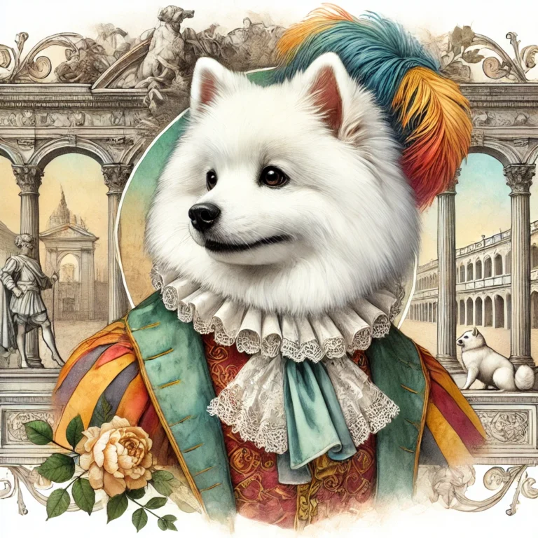 A watercolor painting of a white Japanese Spitz dog in a vintage Renaissance style