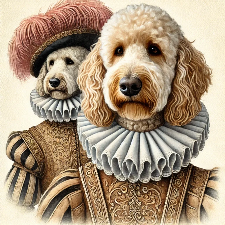 A detailed watercolor portrait of a Labradoodle dressed in Renaissance attire