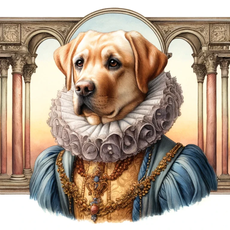 A detailed watercolor portrait of a Labrador Retriever dressed in Renaissance attire, set against a classic Renaissance background