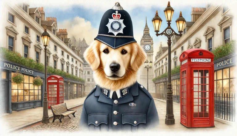 A watercolor portrait of a Golden Retriever dressed as a police officer, complete with a vintage British police helmet and uniform