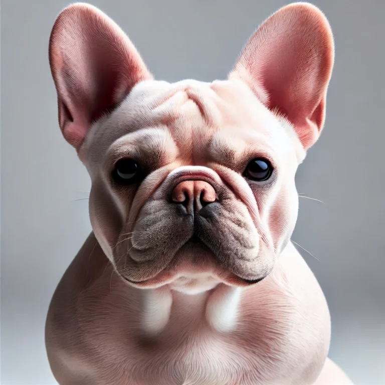 A Pink French Bulldog with a light pinkish or albino appearance