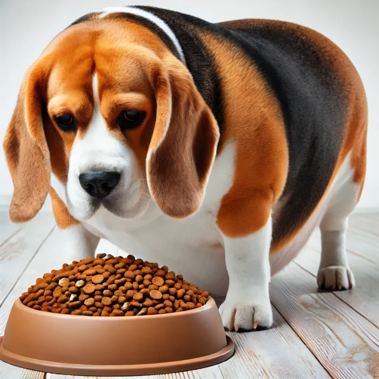 An overweight Beagle eating from a large bowl of dog food