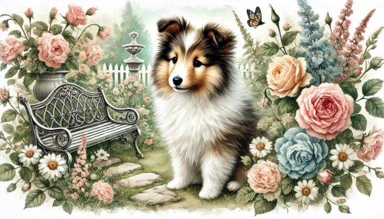 Shetland Sheepdog puppy in the same vintage floral garden setting