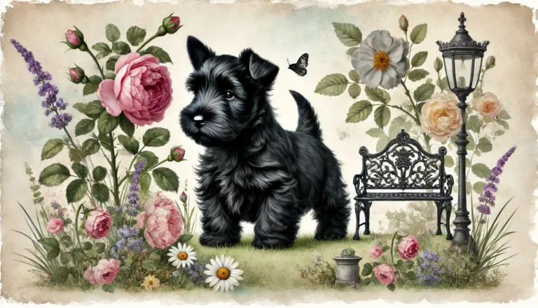 black Scottish Terrier puppy in the same vintage floral garden setting