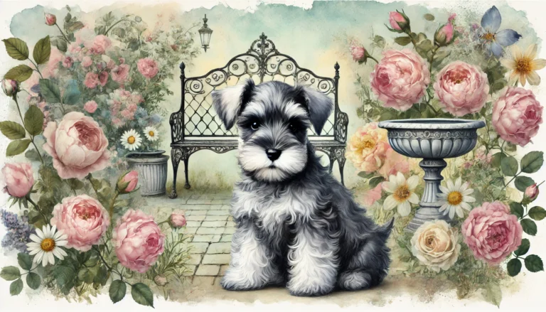Miniature Schnauzer puppy in the same vintage floral garden setting