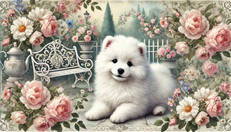 Samoyed puppy in the same vintage floral garden setting