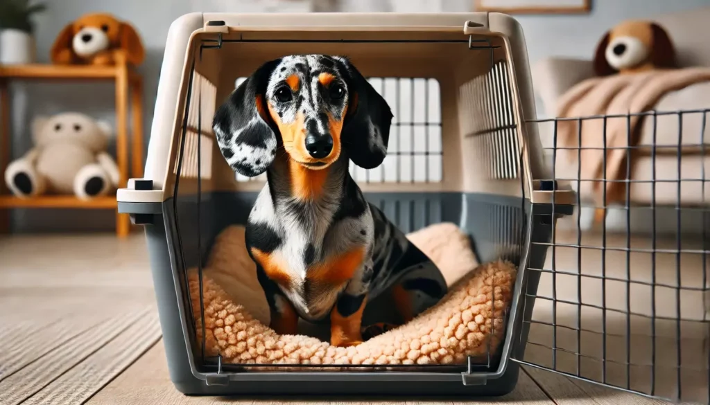 Dapple Dachshund in Crate