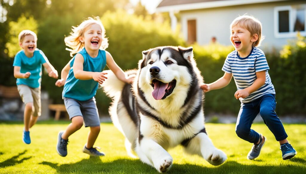 Giant Alaskan Malamute playing with children