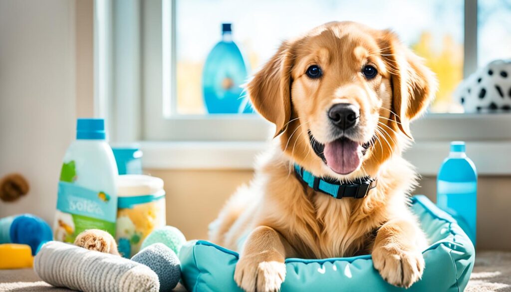 Golden Retriever Puppy with Supplies