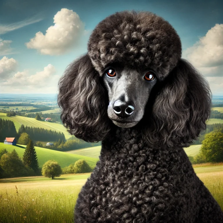 A portrait of a black poodle in a country setting. The poodle has curly fur, a well-groomed appearance, and expressive eyes