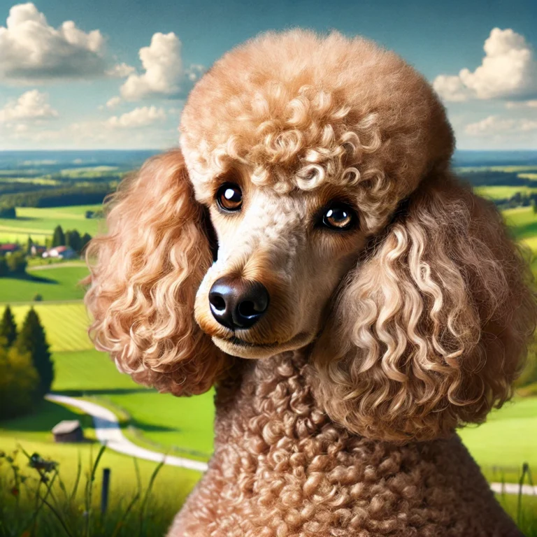 A portrait of a cafe au lait-colored poodle in a country setting