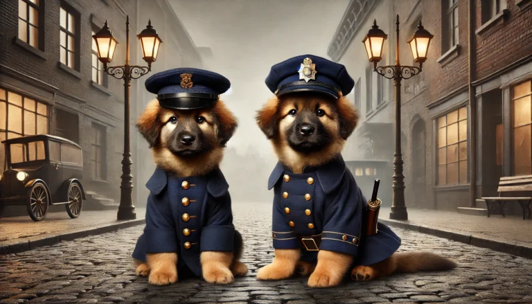 Caucasian Shepherd dogs, dressed as vintage police officers