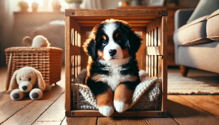 Bernese Mountain Dog puppy sitting in a crate