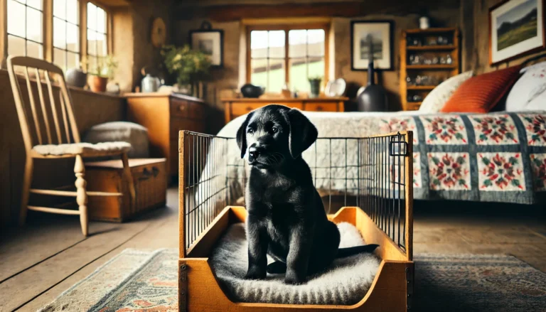 black Labrador Retriever puppy sitting in a wooden crate in a cozy countryside bedroom