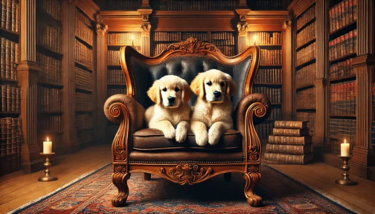 two Golden Retriever puppies sitting on a vintage armchair in a library with a vintage setting