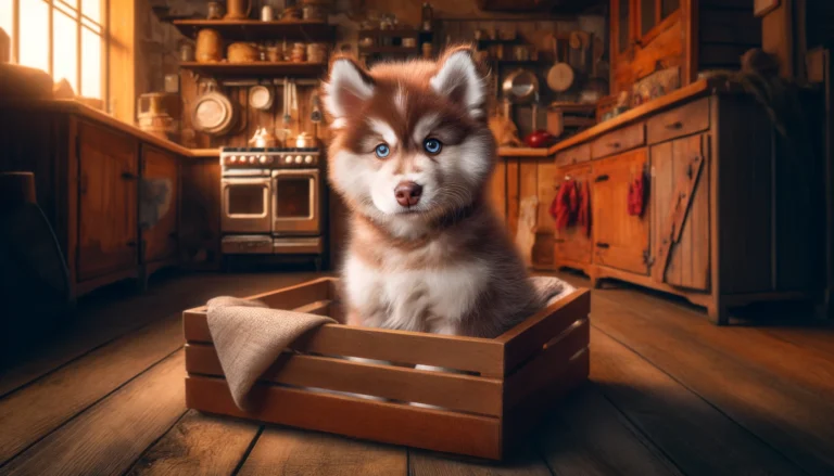 red Husky puppy sitting in a wooden crate in a cozy kitchen