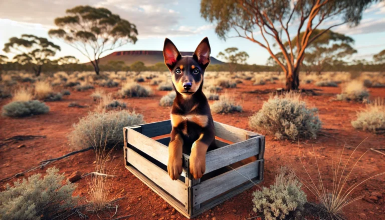 Kelpie puppy sitting in a wooden crate in an Australian outback setting