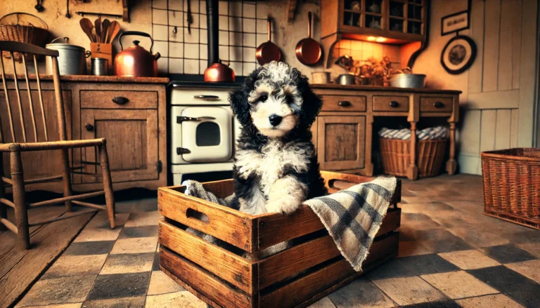 Aussiedoodle puppy sitting in a wooden crate within a vintage country-style kitchen