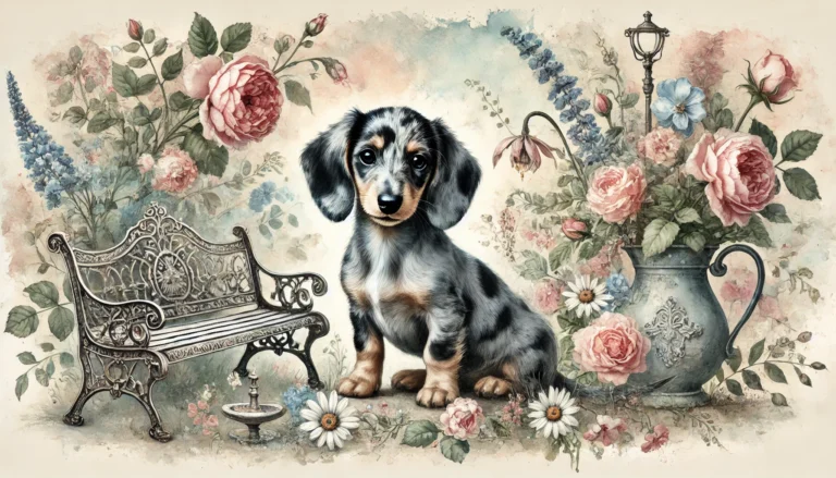 A watercolor-style horizontal image featuring a dapple Dachshund puppy in a vintage floral garden setting