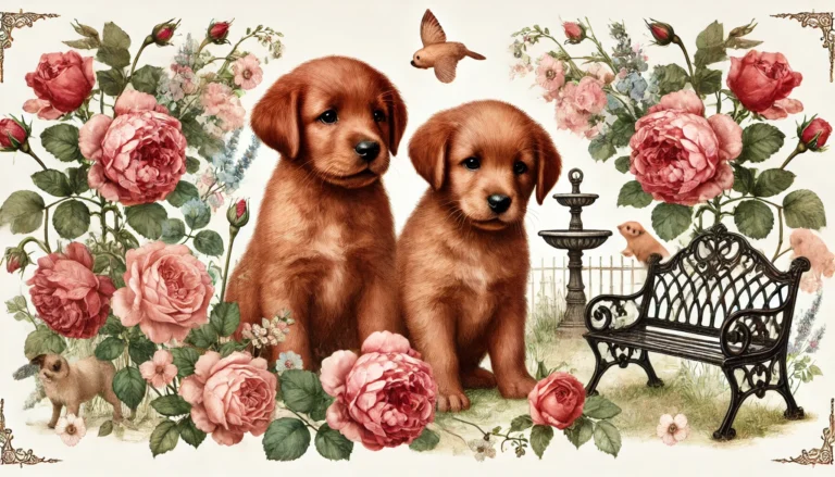 red Labrador Retriever puppies in a vintage floral garden setting