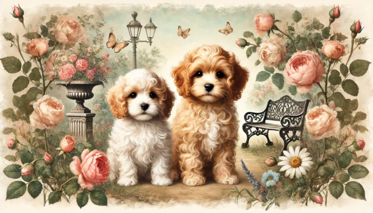 Cavapoo puppies in the same vintage floral garden setting