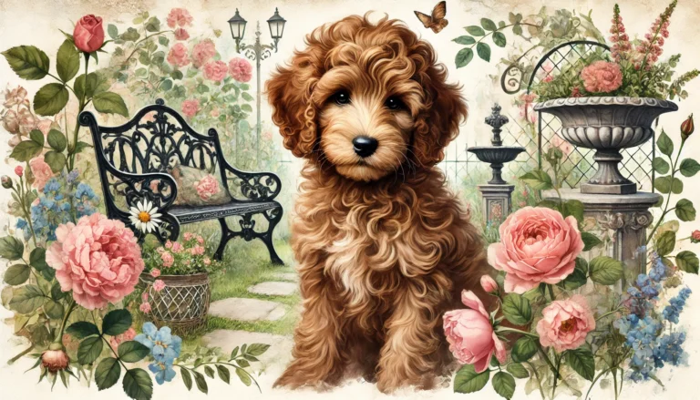 brown Labradoodle puppy in the same vintage floral garden setting