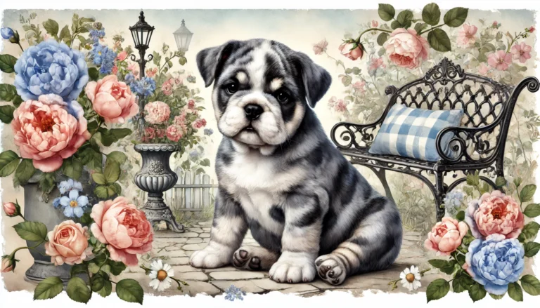 blue merle English Bulldog puppy in the same vintage floral garden setting