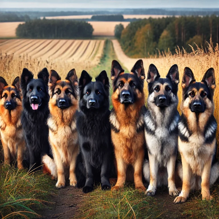 A group of German Shepherds sitting in a row in the countryside, with fields and trees in the background